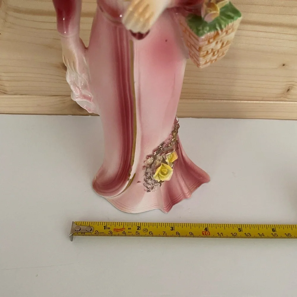 VINTAGE 10” Tall Victorian Lady Figurine Ruffled Accent Pink Dress Flower Basket